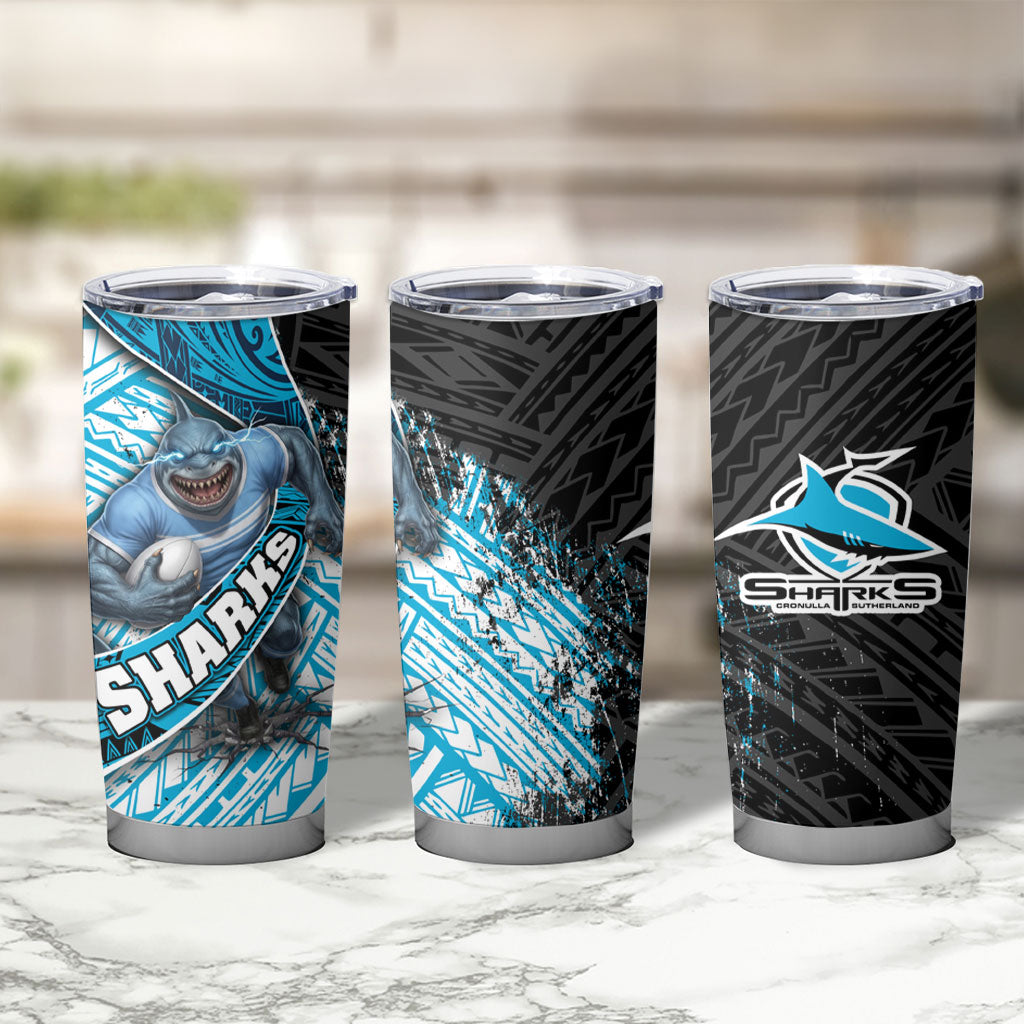 Cronulla Sutherland Sharks Rugby Tumbler Cup Tribal Polynesian Power Art - Lightning Mascot