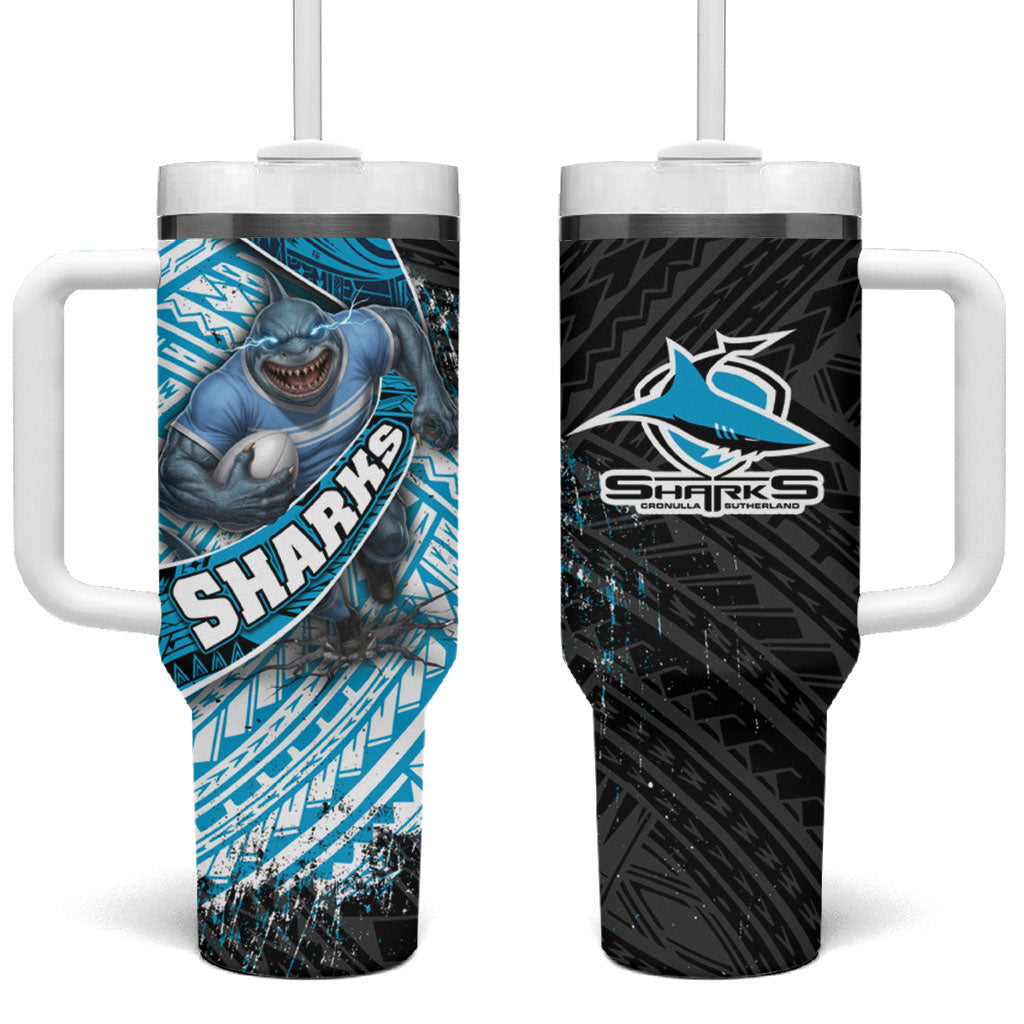 Cronulla Sutherland Sharks Rugby Tumbler With Handle Tribal Polynesian Power Art - Lightning Mascot