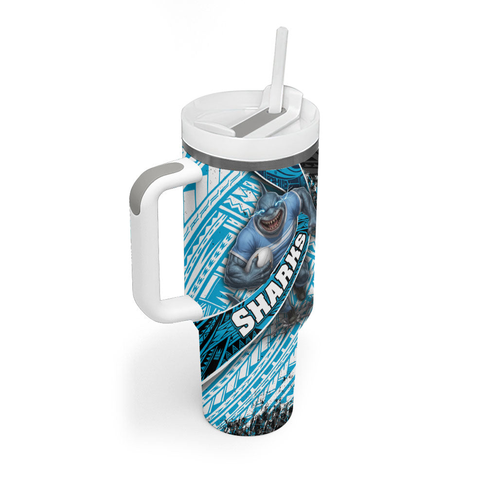 Cronulla Sutherland Sharks Rugby Tumbler With Handle Tribal Polynesian Power Art - Lightning Mascot