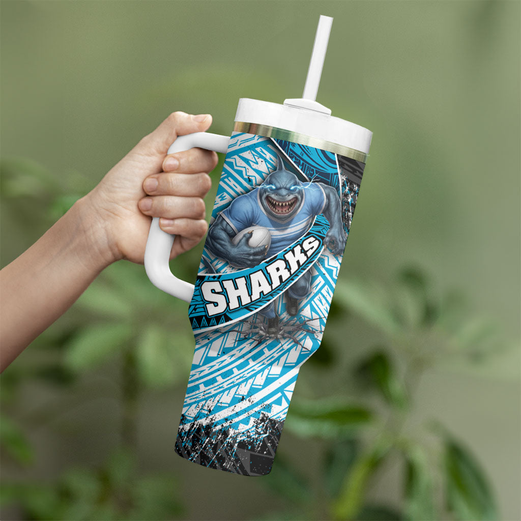 Cronulla Sutherland Sharks Rugby Tumbler With Handle Tribal Polynesian Power Art - Lightning Mascot