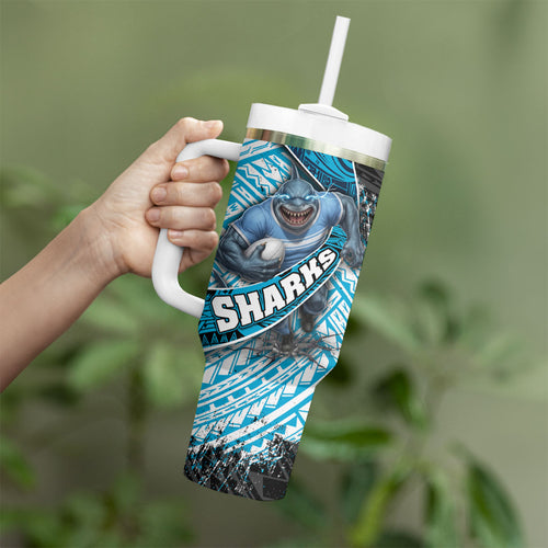 Cronulla Sutherland Sharks Rugby Tumbler With Handle Tribal Polynesian Power Art - Lightning Mascot