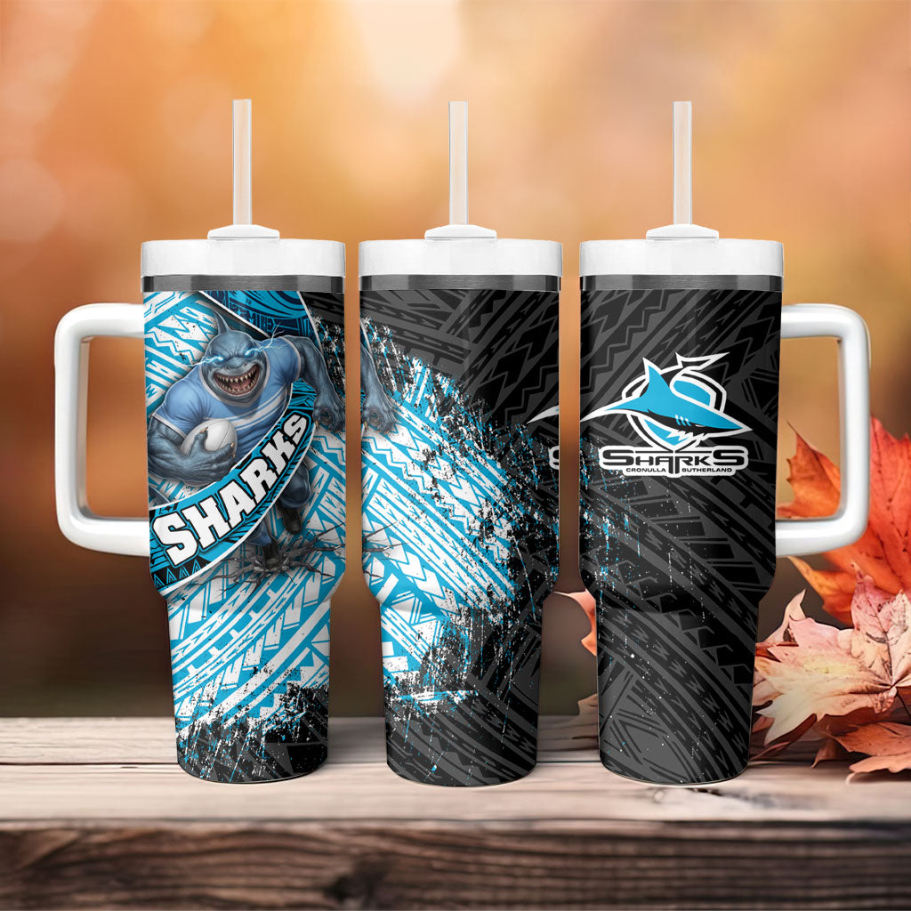 Cronulla Sutherland Sharks Rugby Tumbler With Handle Tribal Polynesian Power Art - Lightning Mascot