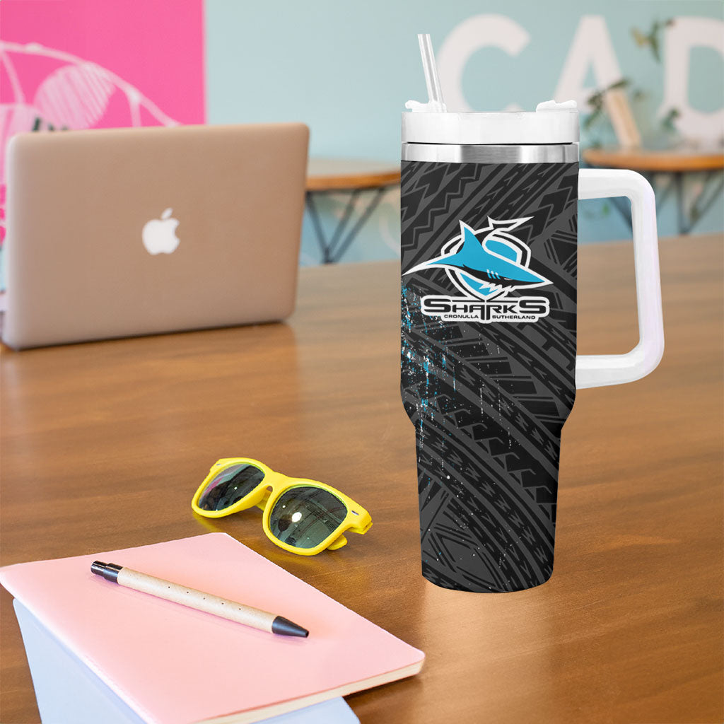 Cronulla Sutherland Sharks Rugby Tumbler With Handle Tribal Polynesian Power Art - Lightning Mascot