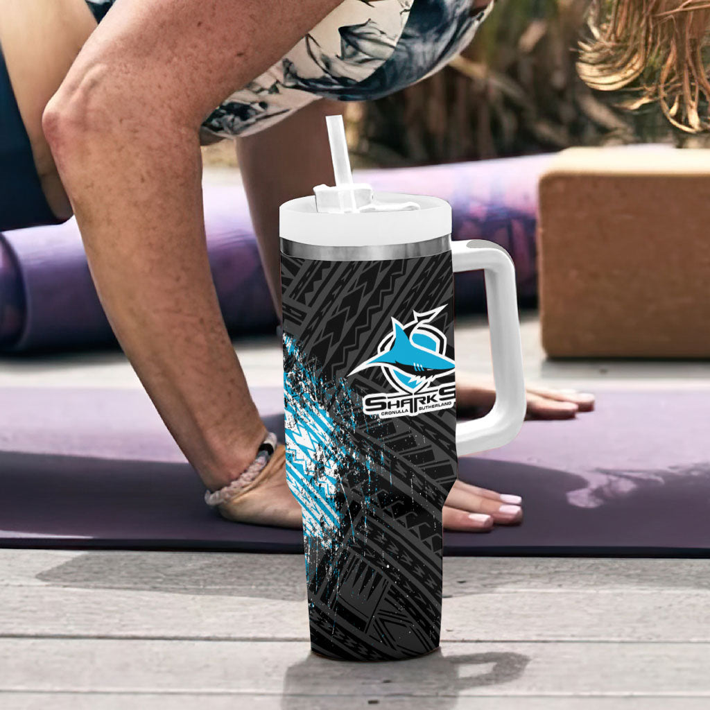 Cronulla Sutherland Sharks Rugby Tumbler With Handle Tribal Polynesian Power Art - Lightning Mascot