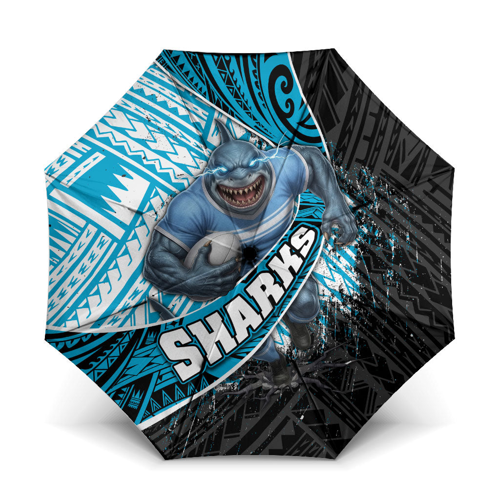 Cronulla Sutherland Sharks Rugby Umbrella Tribal Polynesian Power Art - Lightning Mascot