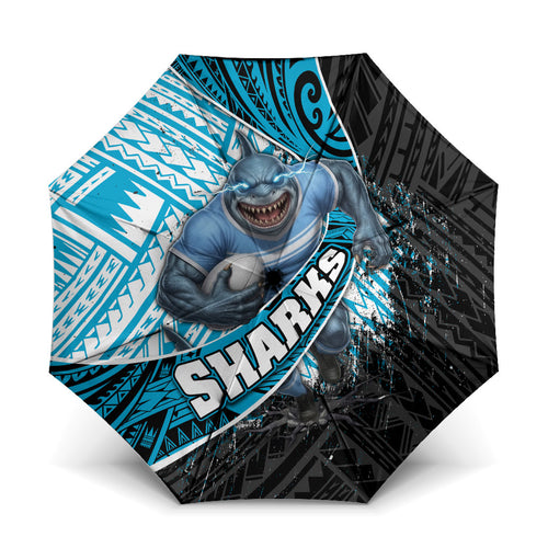 Cronulla Sutherland Sharks Rugby Umbrella Tribal Polynesian Power Art - Lightning Mascot