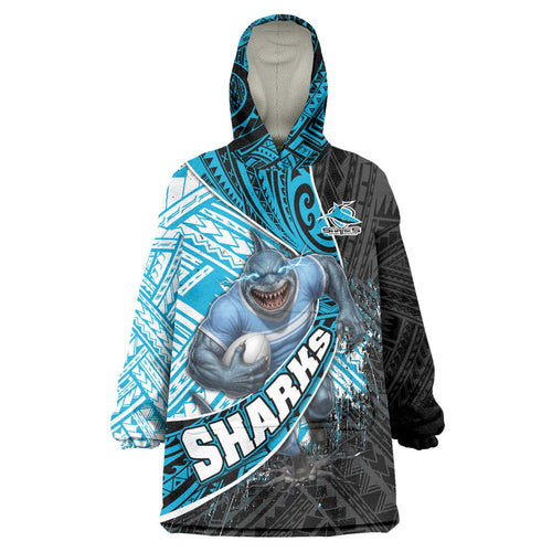 Cronulla Sutherland Sharks Rugby Wearable Blanket Hoodie Tribal Polynesian Power Art - Lightning Mascot