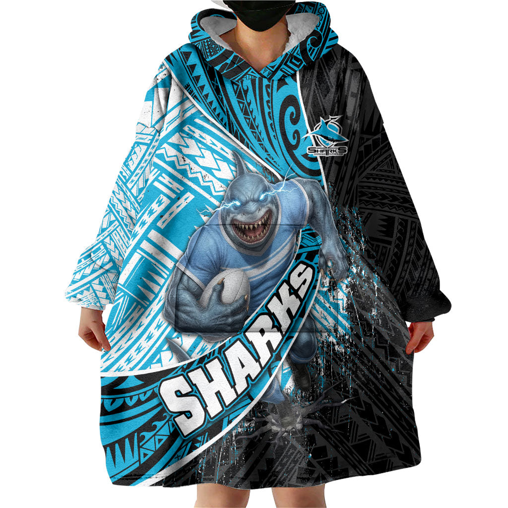 Cronulla Sutherland Sharks Rugby Wearable Blanket Hoodie Tribal Polynesian Power Art - Lightning Mascot