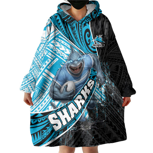 Cronulla Sutherland Sharks Rugby Wearable Blanket Hoodie Tribal Polynesian Power Art - Lightning Mascot