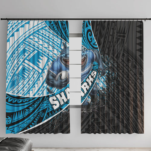 Cronulla Sutherland Sharks Rugby Window Curtain Tribal Polynesian Power Art - Lightning Mascot