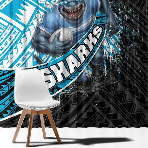 Cronulla Sutherland Sharks Rugby Window Curtain Tribal Polynesian Power Art - Lightning Mascot