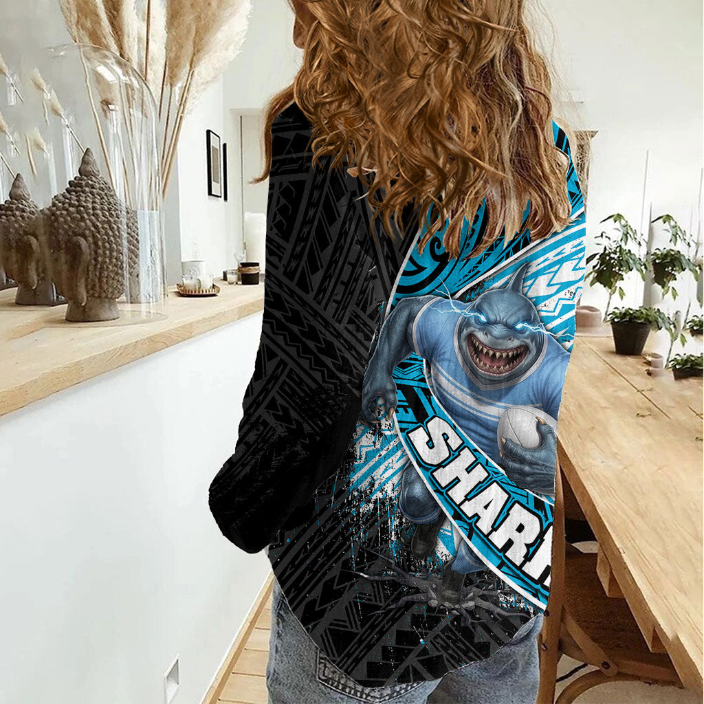 Cronulla Sutherland Sharks Rugby Women Casual Shirt Tribal Polynesian Power Art - Lightning Mascot