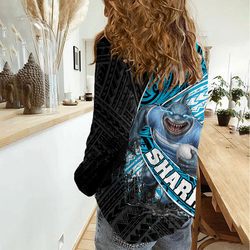 Cronulla Sutherland Sharks Rugby Women Casual Shirt Tribal Polynesian Power Art - Lightning Mascot