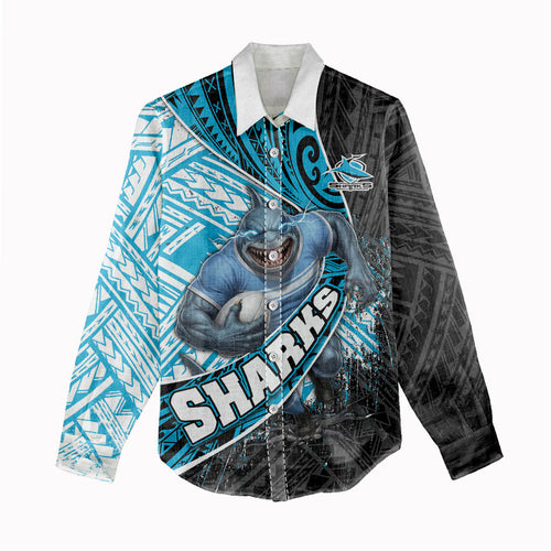 Cronulla Sutherland Sharks Rugby Women Casual Shirt Tribal Polynesian Power Art - Lightning Mascot