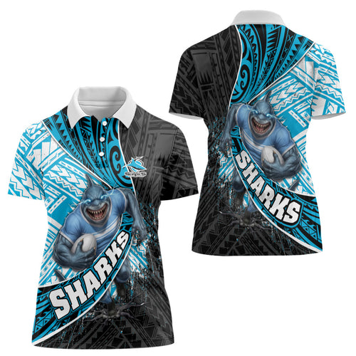 Cronulla Sutherland Sharks Rugby Women Polo Shirt Tribal Polynesian Power Art - Lightning Mascot