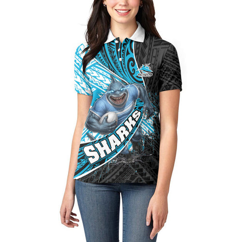 Cronulla Sutherland Sharks Rugby Women Polo Shirt Tribal Polynesian Power Art - Lightning Mascot