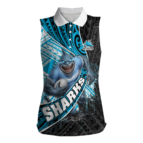 Cronulla Sutherland Sharks Rugby Women Sleeveless Polo Shirt Tribal Polynesian Power Art - Lightning Mascot