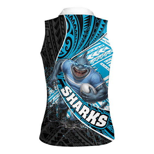 Cronulla Sutherland Sharks Rugby Women Sleeveless Polo Shirt Tribal Polynesian Power Art - Lightning Mascot