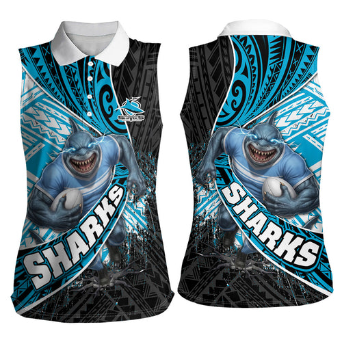 Cronulla Sutherland Sharks Rugby Women Sleeveless Polo Shirt Tribal Polynesian Power Art - Lightning Mascot