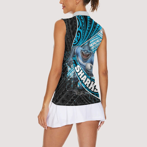 Cronulla Sutherland Sharks Rugby Women Sleeveless Polo Shirt Tribal Polynesian Power Art - Lightning Mascot