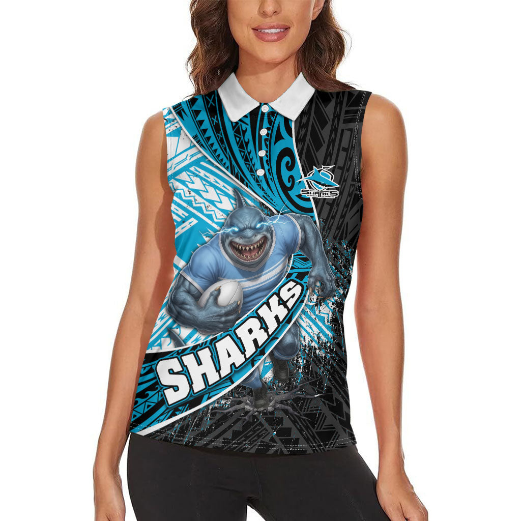 Cronulla Sutherland Sharks Rugby Women Sleeveless Polo Shirt Tribal Polynesian Power Art - Lightning Mascot