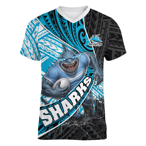 Cronulla Sutherland Sharks Rugby Women V-Neck T-Shirt Tribal Polynesian Power Art - Lightning Mascot