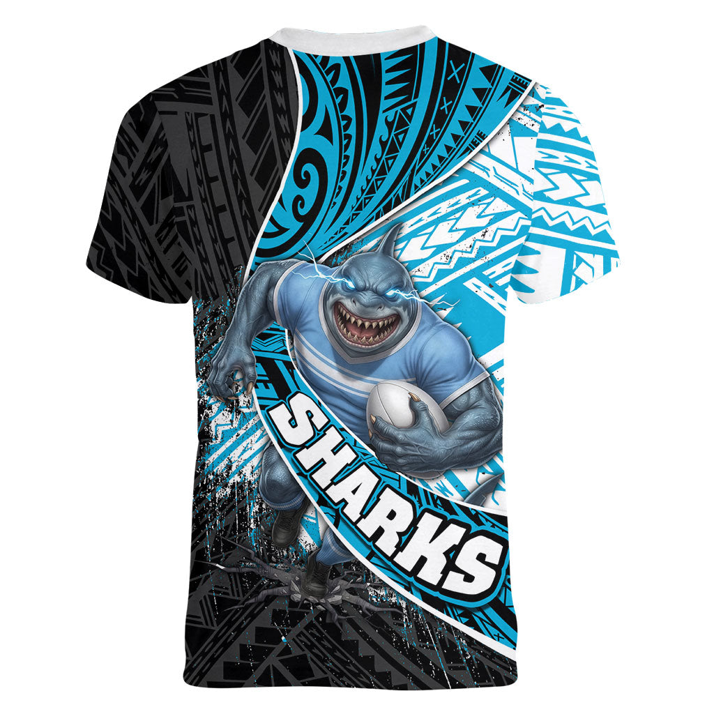 Cronulla Sutherland Sharks Rugby Women V-Neck T-Shirt Tribal Polynesian Power Art - Lightning Mascot