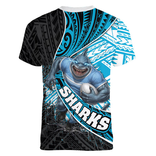 Cronulla Sutherland Sharks Rugby Women V-Neck T-Shirt Tribal Polynesian Power Art - Lightning Mascot