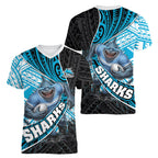 Cronulla Sutherland Sharks Rugby Women V-Neck T-Shirt Tribal Polynesian Power Art - Lightning Mascot