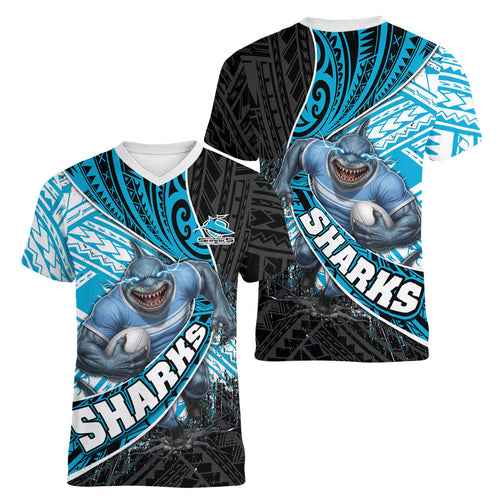 Cronulla Sutherland Sharks Rugby Women V-Neck T-Shirt Tribal Polynesian Power Art - Lightning Mascot