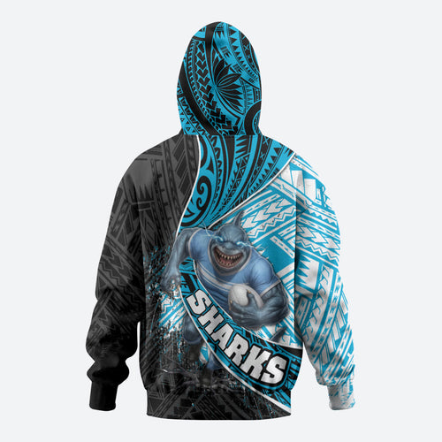 Cronulla Sutherland Sharks Rugby Zip Hoodie Tribal Polynesian Power Art - Lightning Mascot
