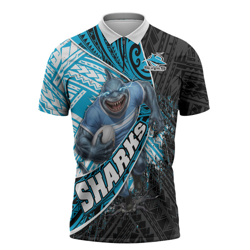 Cronulla Sutherland Sharks Rugby Zipper Polo Shirt Tribal Polynesian Power Art - Lightning Mascot