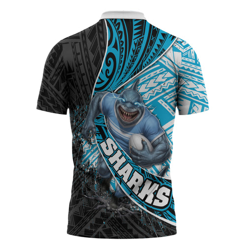 Cronulla Sutherland Sharks Rugby Zipper Polo Shirt Tribal Polynesian Power Art - Lightning Mascot