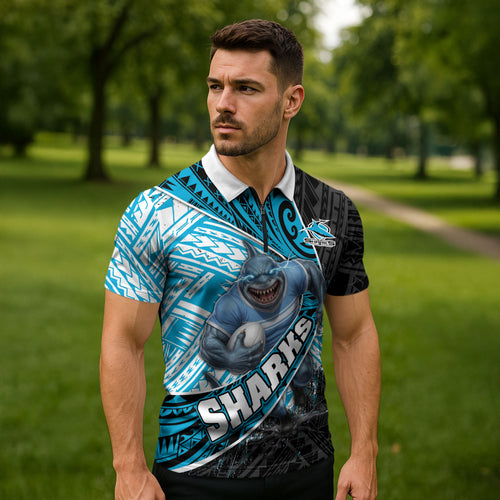 Cronulla Sutherland Sharks Rugby Zipper Polo Shirt Tribal Polynesian Power Art - Lightning Mascot