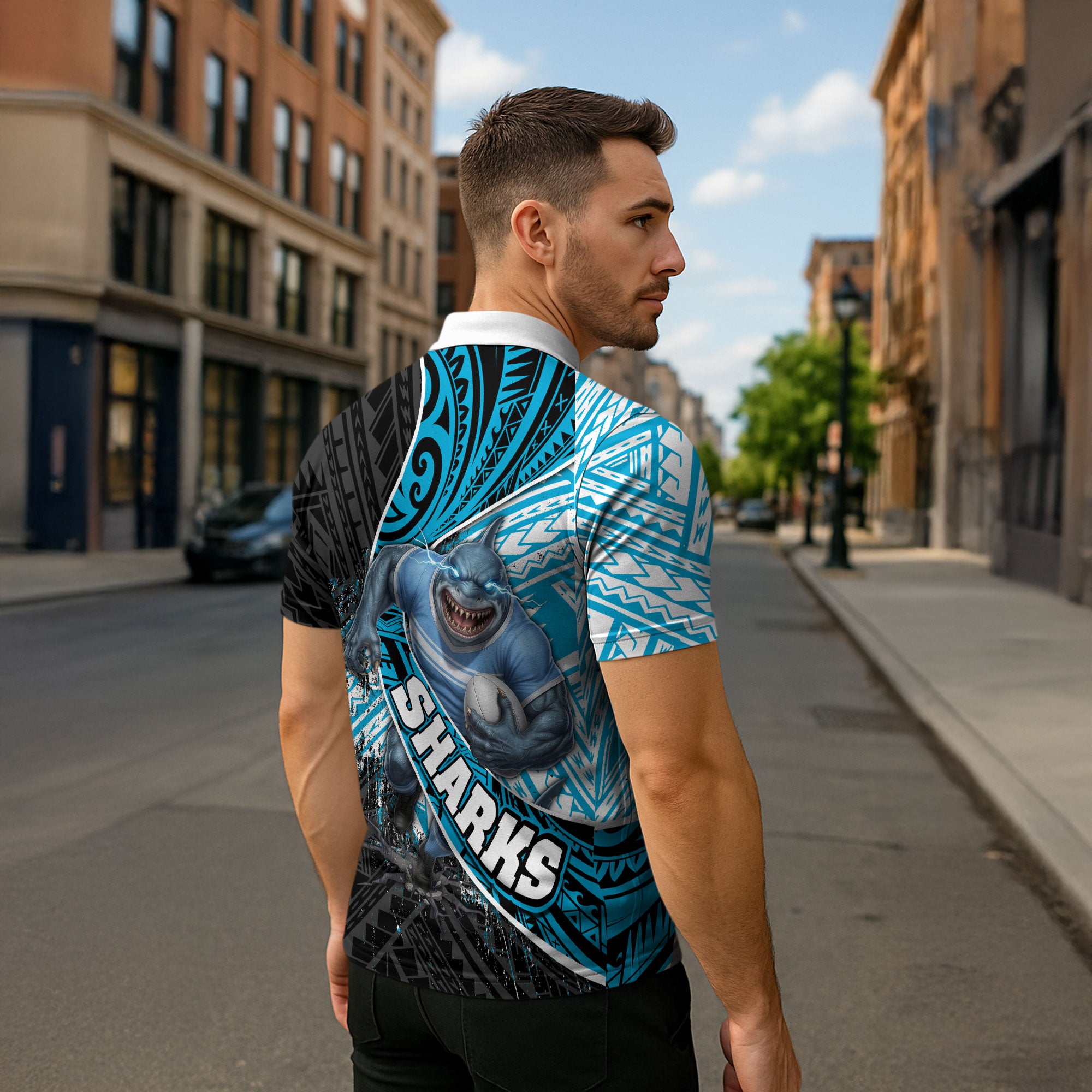 Cronulla Sutherland Sharks Rugby Zipper Polo Shirt Tribal Polynesian Power Art - Lightning Mascot