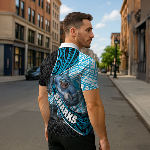 Cronulla Sutherland Sharks Rugby Zipper Polo Shirt Tribal Polynesian Power Art - Lightning Mascot