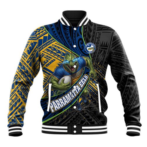 Parramatta Eels Rugby Baseball Jacket Tribal Polynesian Power Art - Lightning Mascot