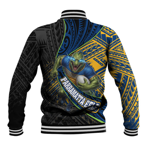 Parramatta Eels Rugby Baseball Jacket Tribal Polynesian Power Art - Lightning Mascot