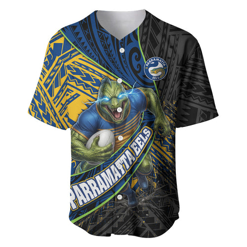 Parramatta Eels Rugby Baseball Jersey Tribal Polynesian Power Art - Lightning Mascot