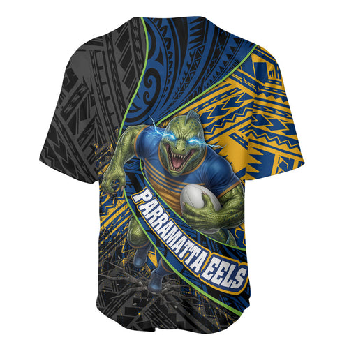 Parramatta Eels Rugby Baseball Jersey Tribal Polynesian Power Art - Lightning Mascot