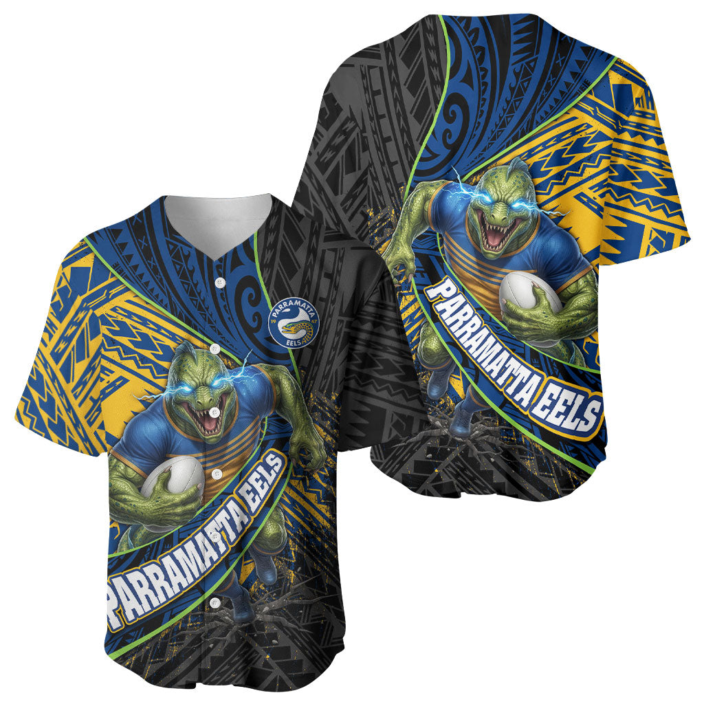 Parramatta Eels Rugby Baseball Jersey Tribal Polynesian Power Art - Lightning Mascot