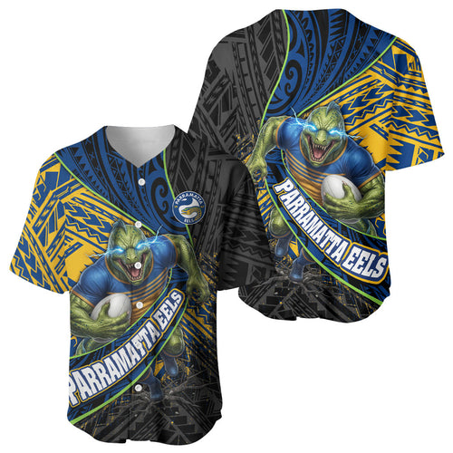 Parramatta Eels Rugby Baseball Jersey Tribal Polynesian Power Art - Lightning Mascot
