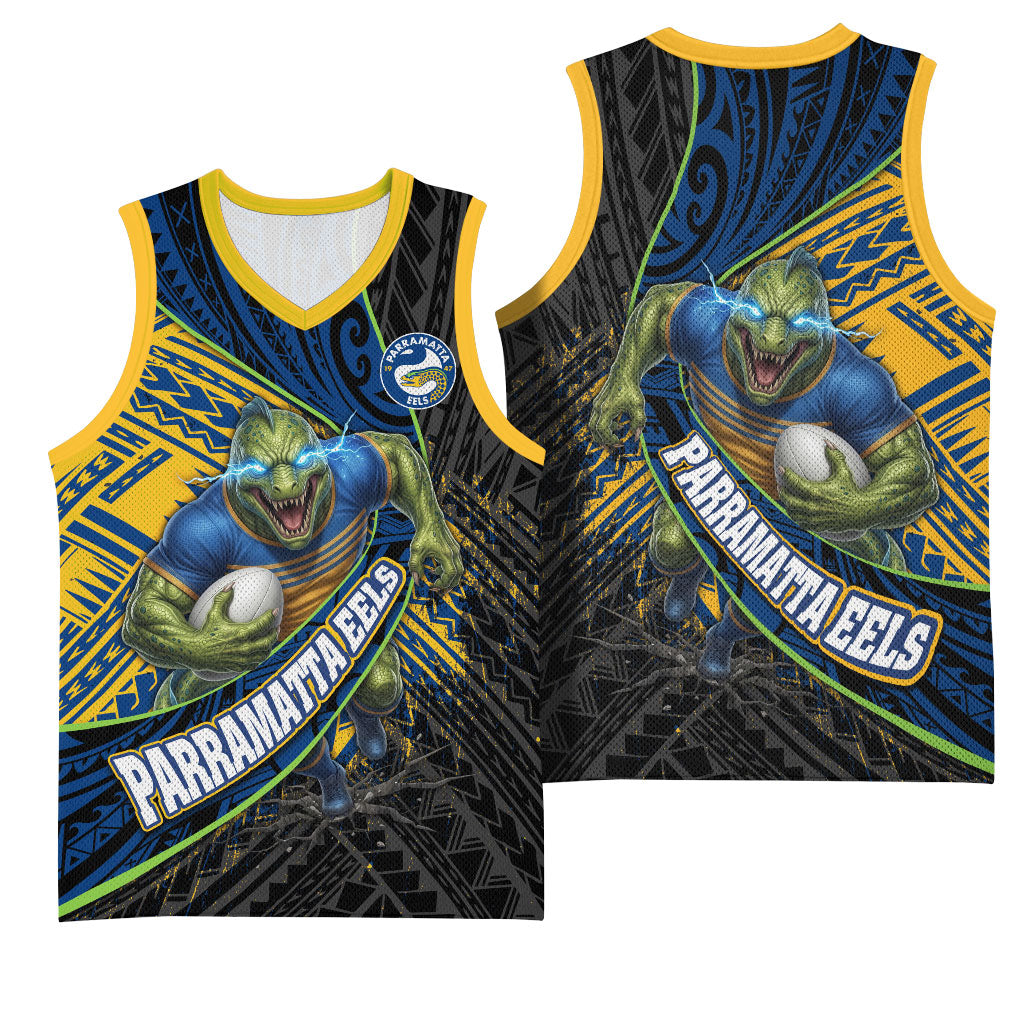 Parramatta Eels Rugby Basketball Jersey Tribal Polynesian Power Art - Lightning Mascot