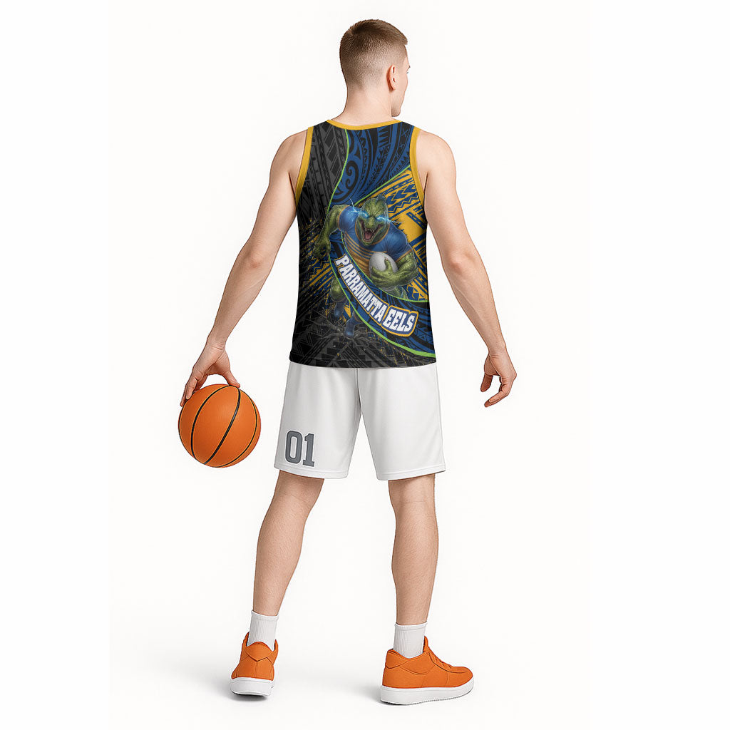 Parramatta Eels Rugby Basketball Jersey Tribal Polynesian Power Art - Lightning Mascot