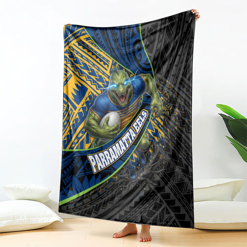 Parramatta Eels Rugby Blanket Tribal Polynesian Power Art - Lightning Mascot