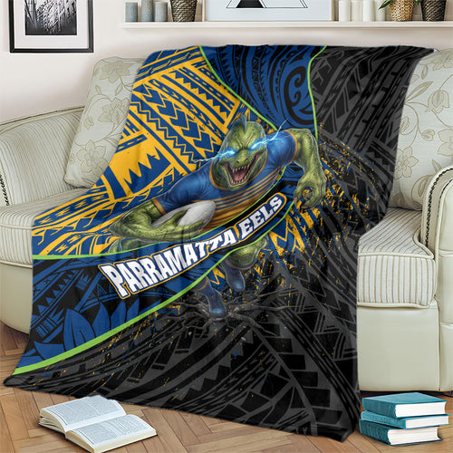 Parramatta Eels Rugby Blanket Tribal Polynesian Power Art - Lightning Mascot