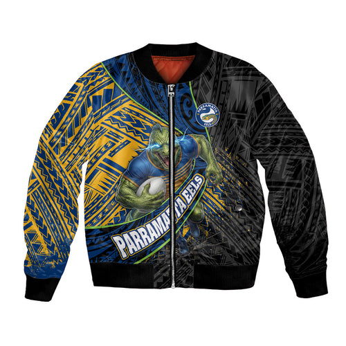 Parramatta Eels Rugby Bomber Jacket Tribal Polynesian Power Art - Lightning Mascot