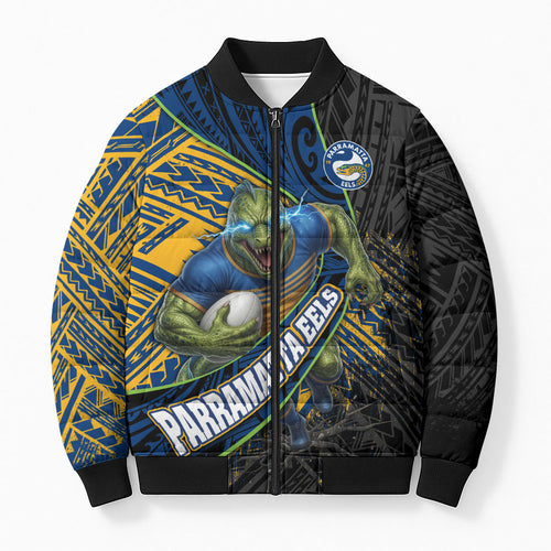 Parramatta Eels Rugby Bomber Puffer Jacket Tribal Polynesian Power Art - Lightning Mascot