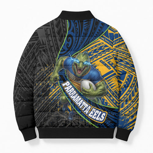 Parramatta Eels Rugby Bomber Puffer Jacket Tribal Polynesian Power Art - Lightning Mascot