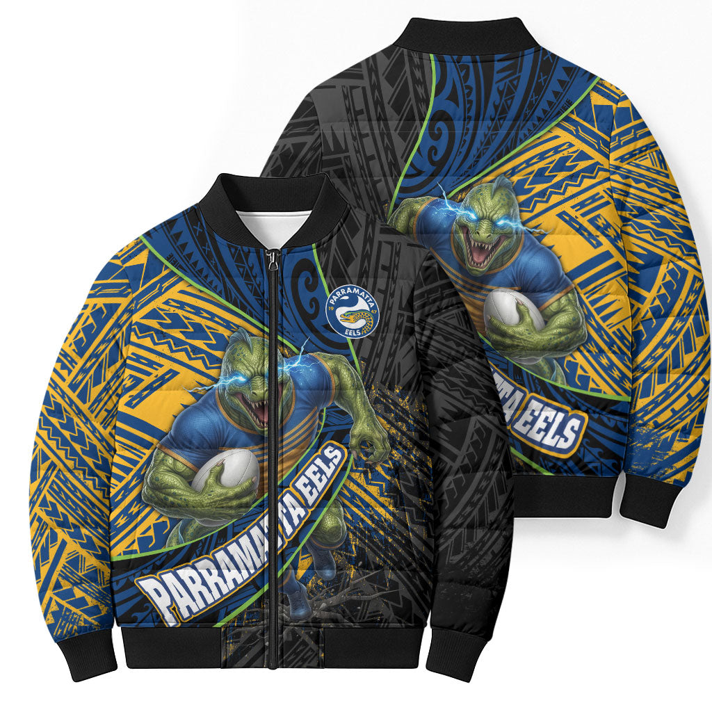 Parramatta Eels Rugby Bomber Puffer Jacket Tribal Polynesian Power Art - Lightning Mascot